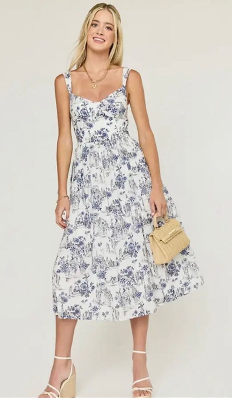 Francesca’s Molly Toile M cottagecore sweetheart neckline Aline skirt midi dress